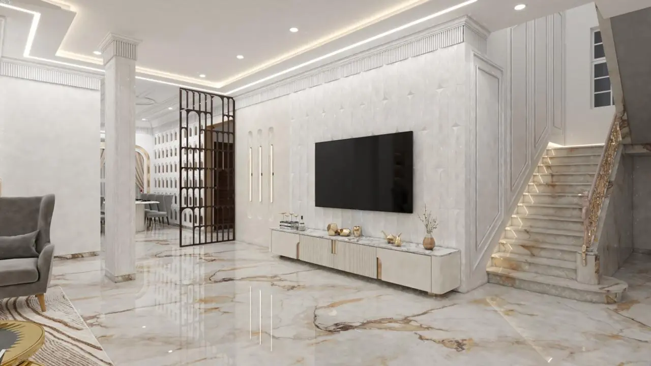 Visual of a marble living room with a staircase and panelled walls