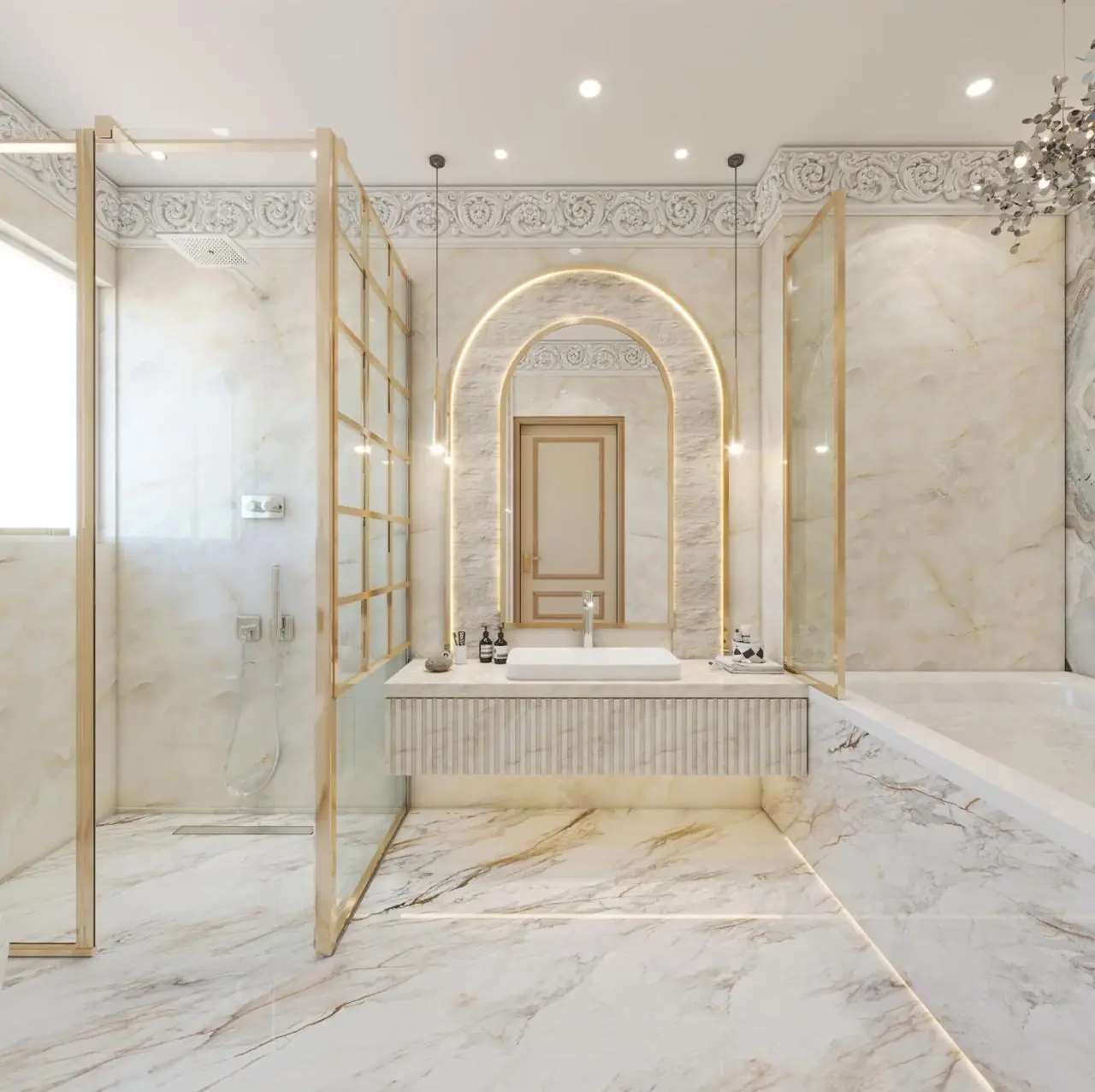3D visual of a marble bathroom seen through an arched opening