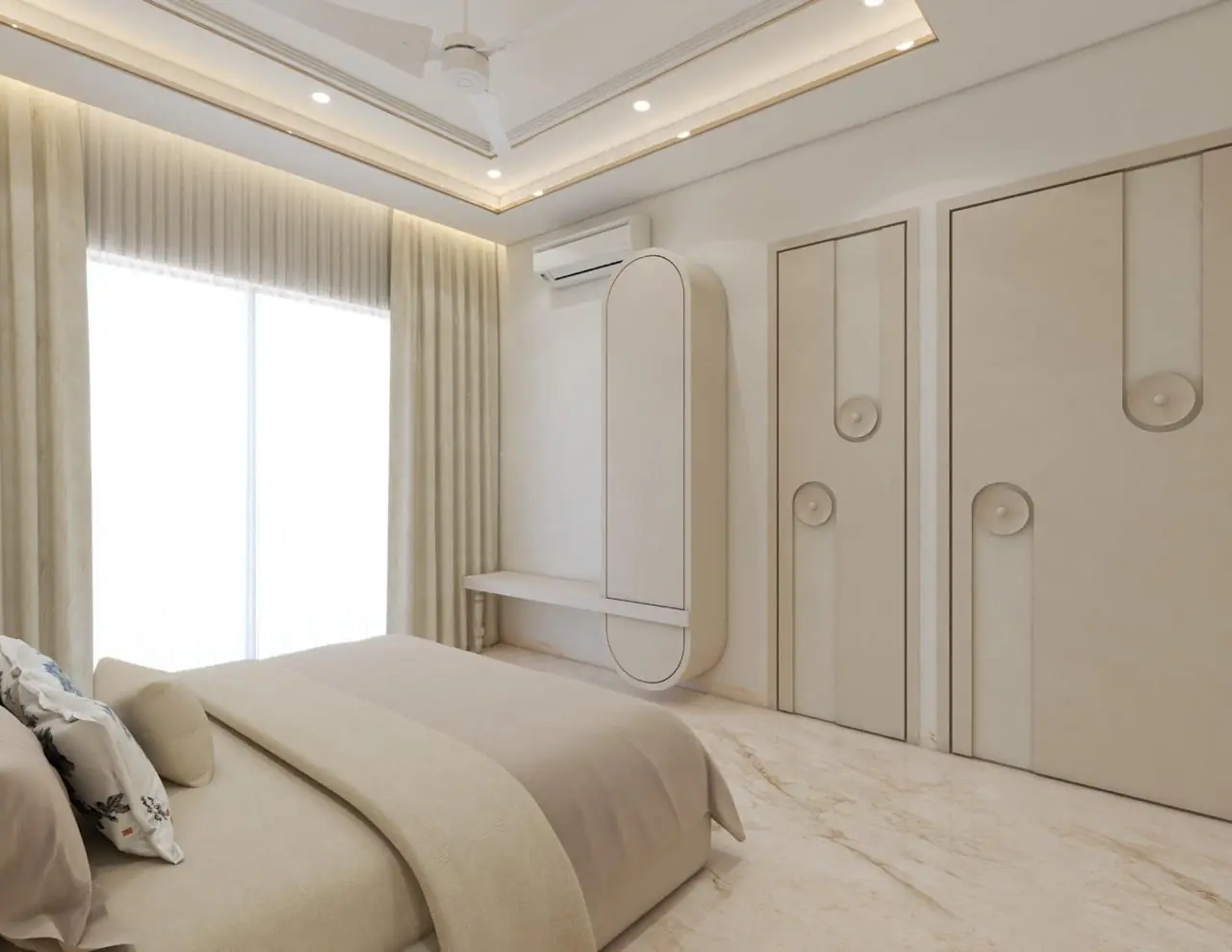 Visual of a cream bedroom with a panelled wardrobe